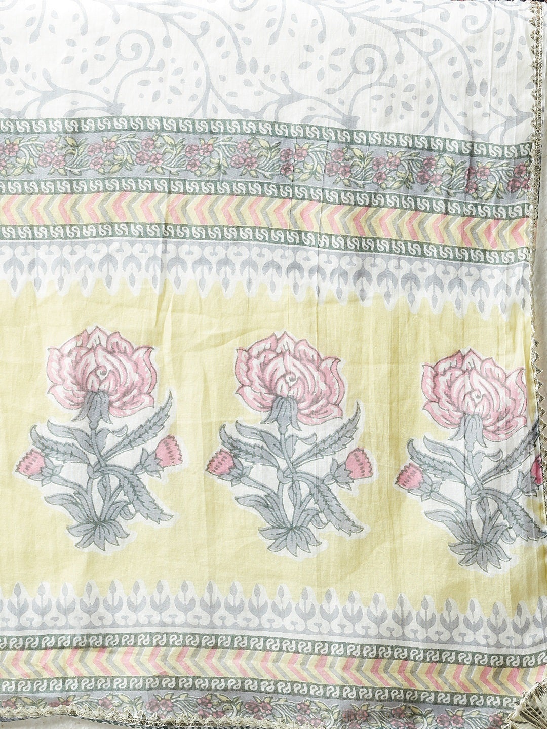 Women's Yellow Floral Printed Cotton Kurta Pant Set With Dupatta - Wahenoor