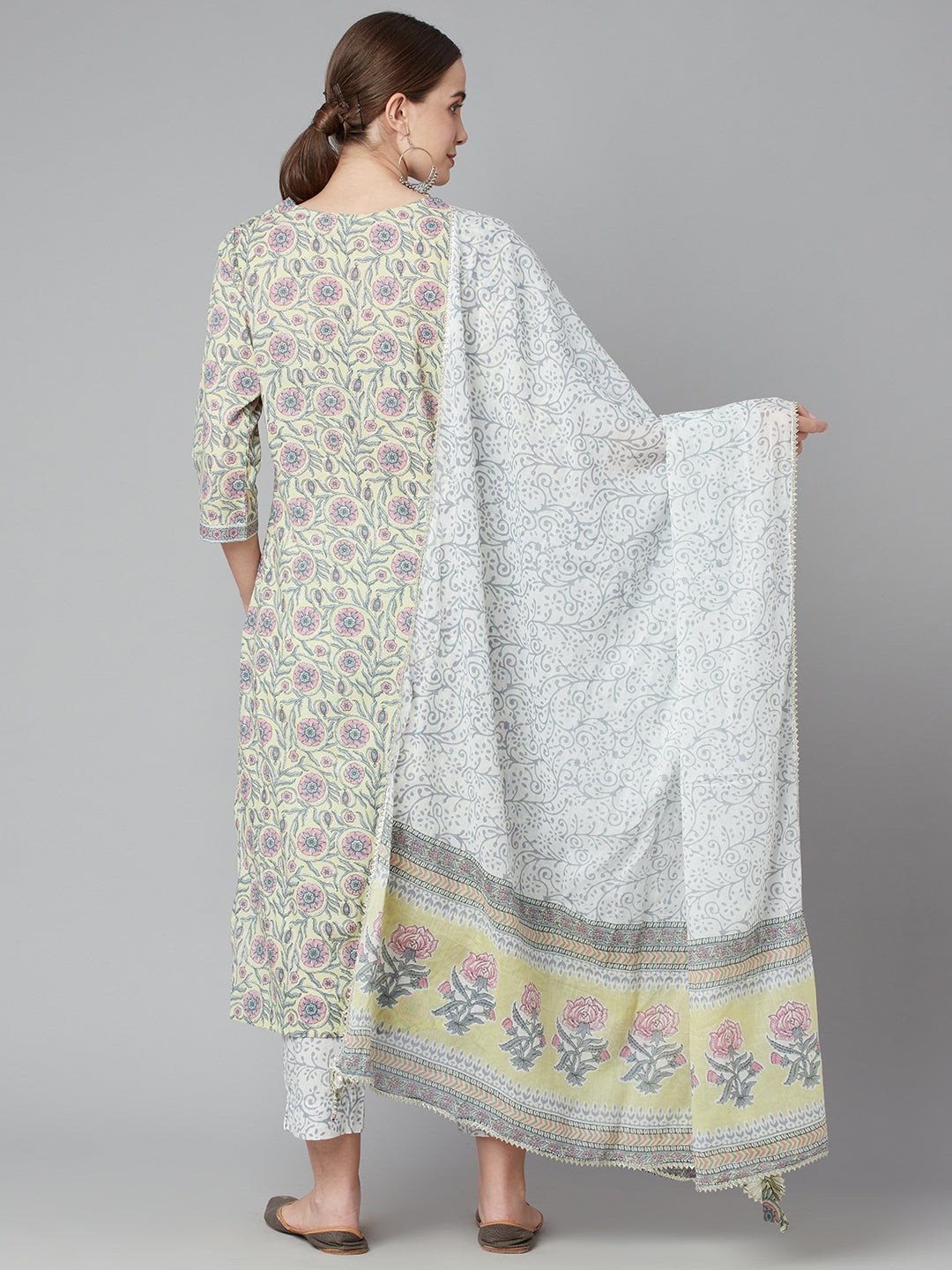 Women's Yellow Floral Printed Cotton Kurta Pant Set With Dupatt