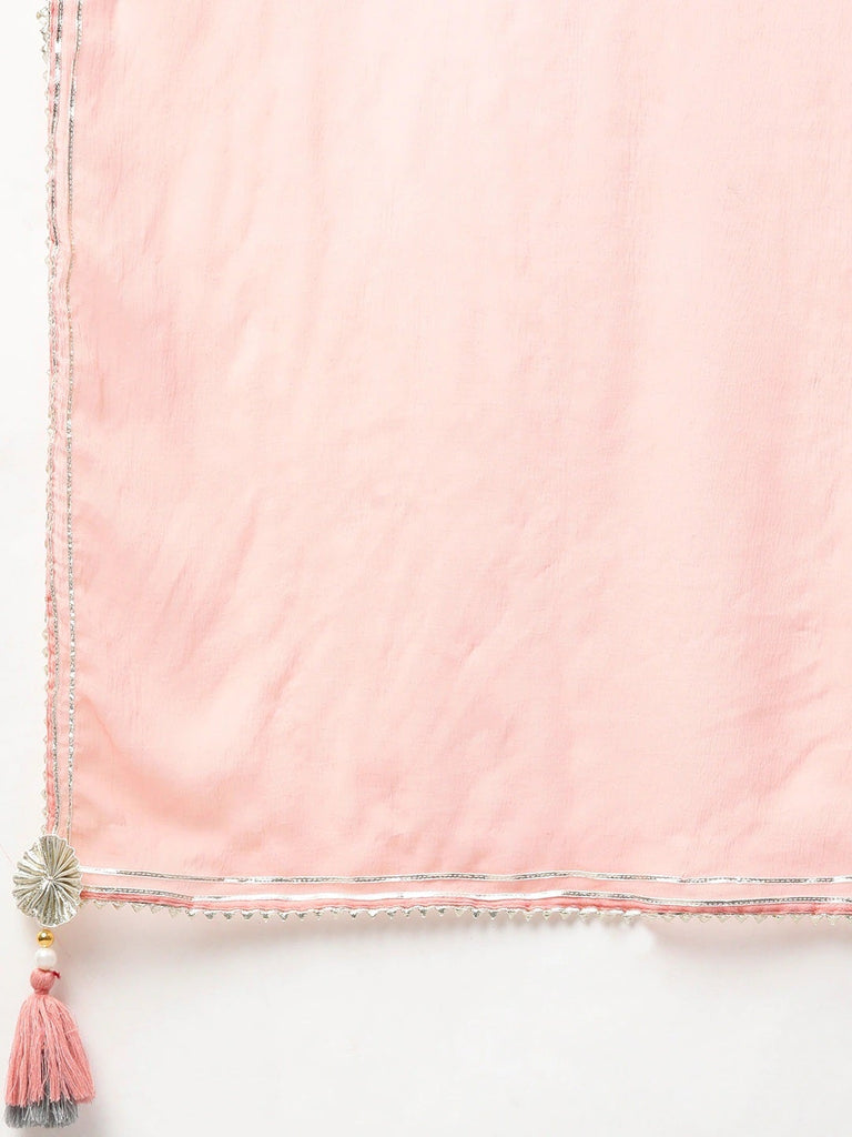 Women's Pastel Blue Floral Anarkali Cotton Kurta Palazzo Set With Dupatt