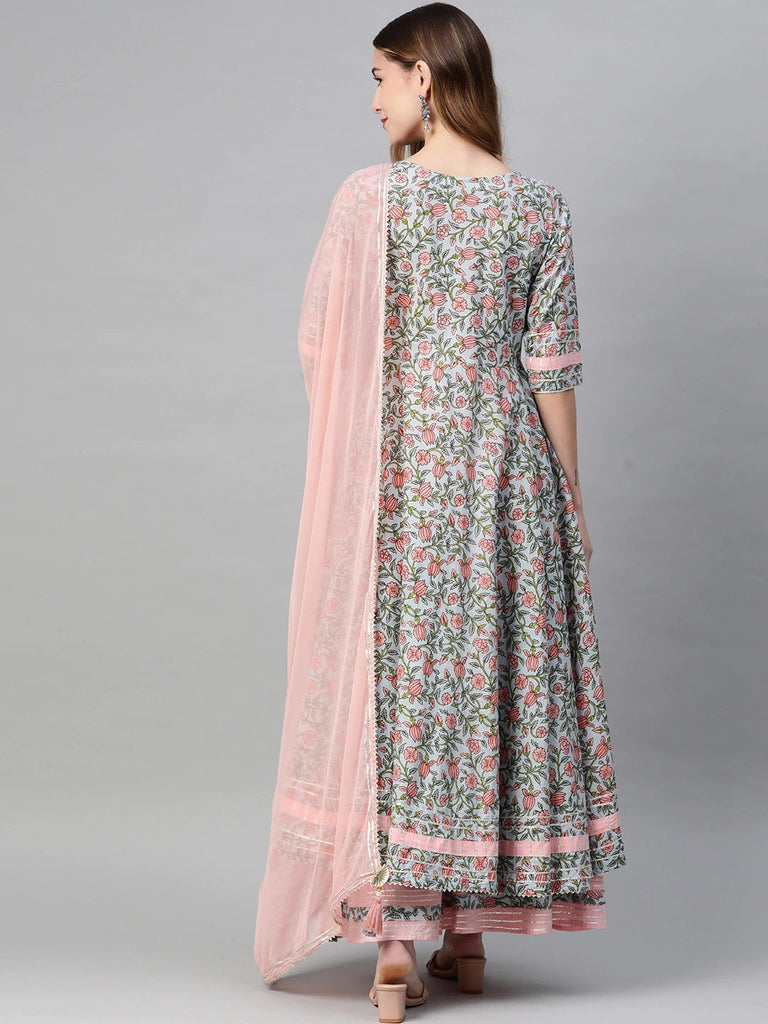 Women's Pastel Blue Floral Anarkali Cotton Kurta Palazzo Set With Dupatt