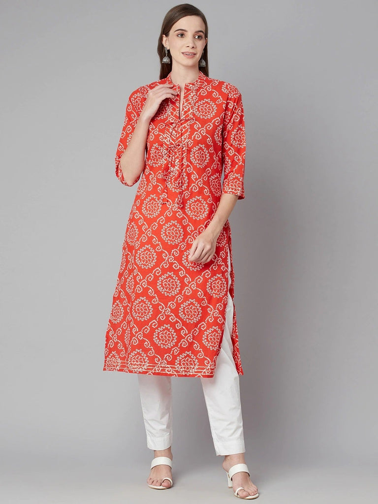 Women's Red Bandhej Straight Kurta