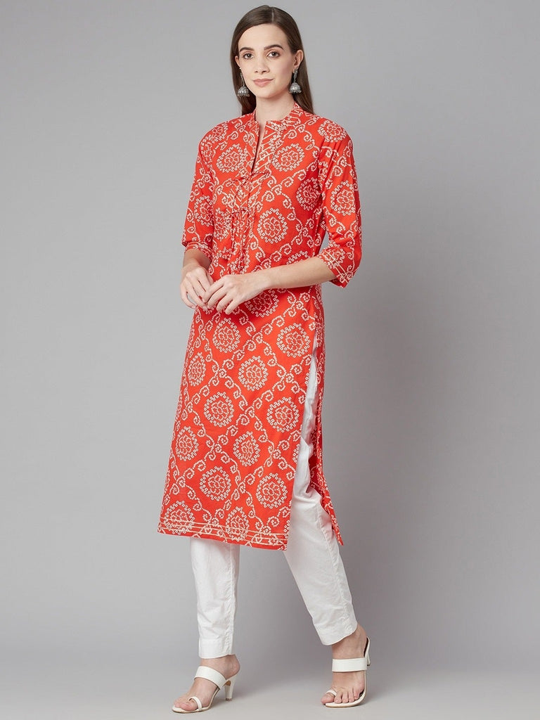 Women's Red Bandhej Straight Kurta