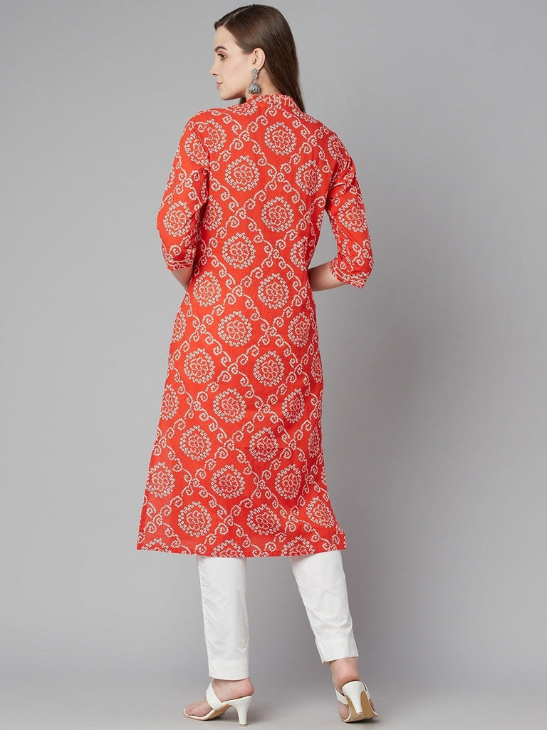 Women's Red Bandhej Straight Kurta