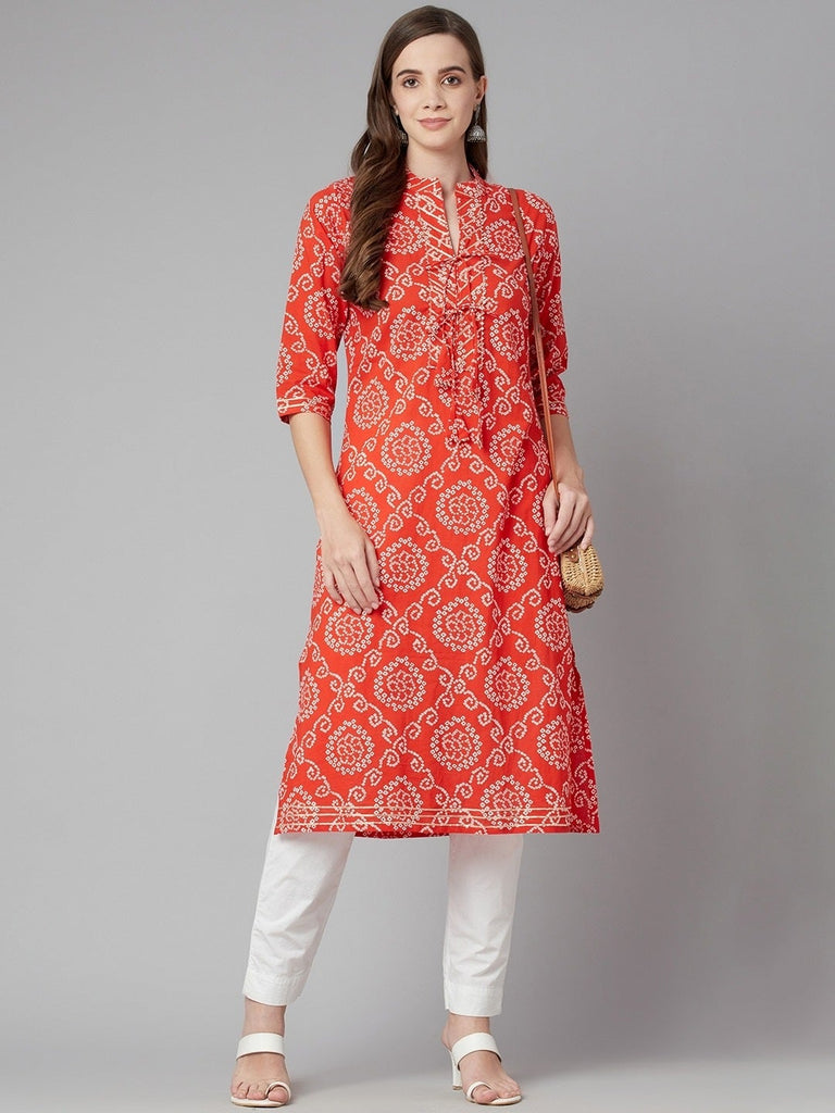 Women's Red Bandhej Straight Kurta