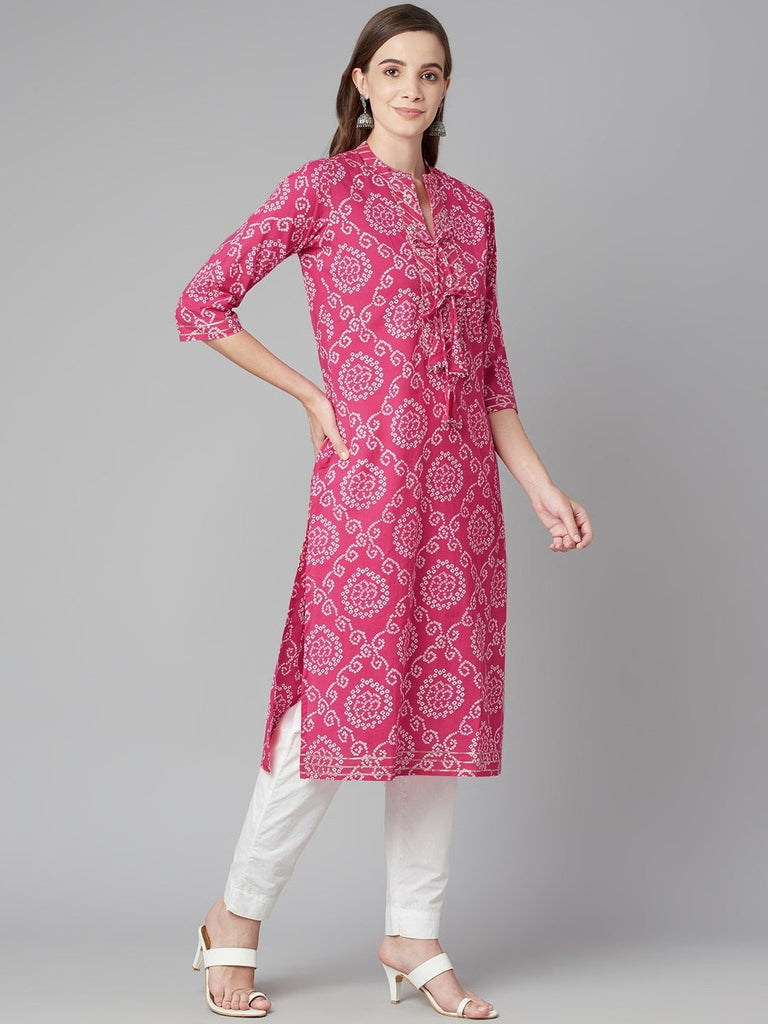 Women's Pink Bandhej Straight Kurta