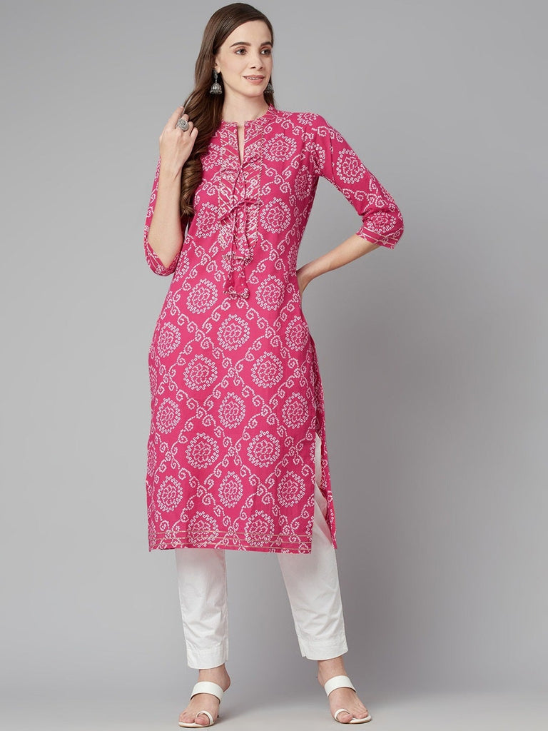 Women's Pink Bandhej Straight Kurta