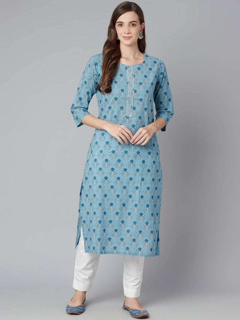 Women's Sky Blue Floral Straight Kurta