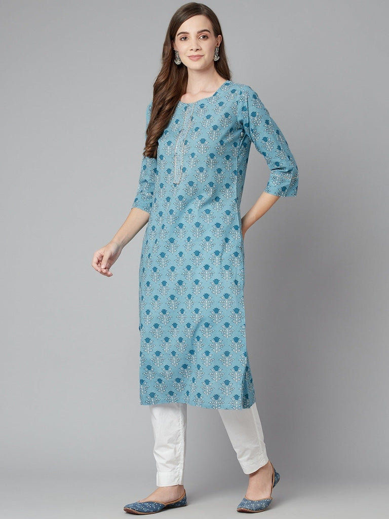 Women's Sky Blue Floral Straight Kurta