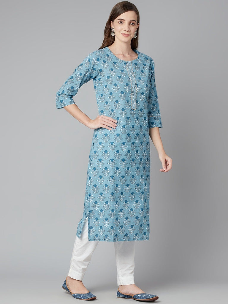 Women's Sky Blue Floral Straight Kurta