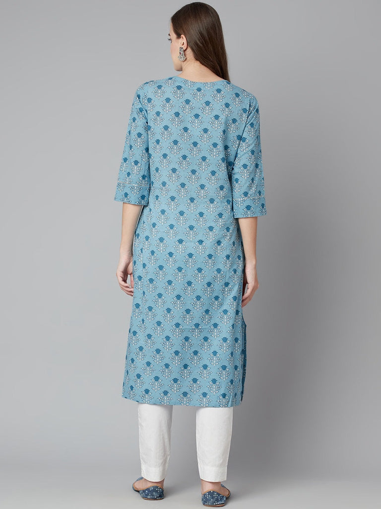 Women's Sky Blue Floral Straight Kurta
