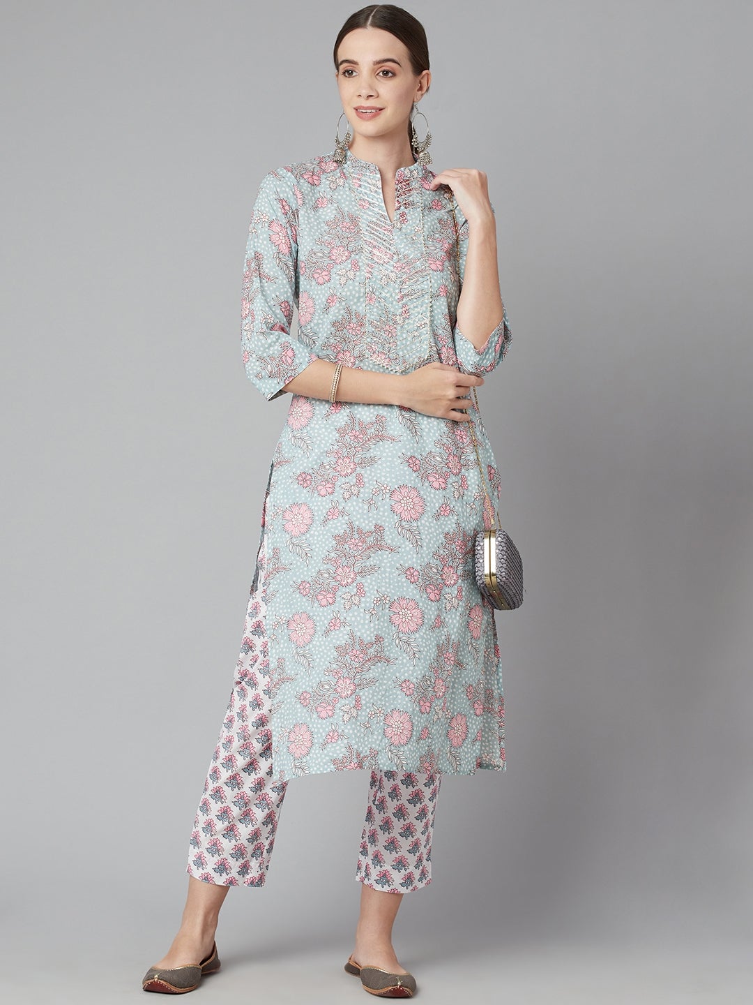 Women's Grey Pastel Floral Printed Cotton Kurta Pant Set - Wahenoor