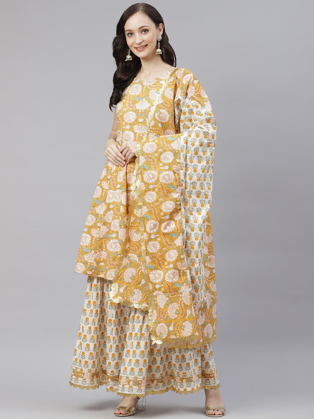 Women's Yellow Cotton Anarkali Kurta Sharara Set With Dupatta - Wahenoor