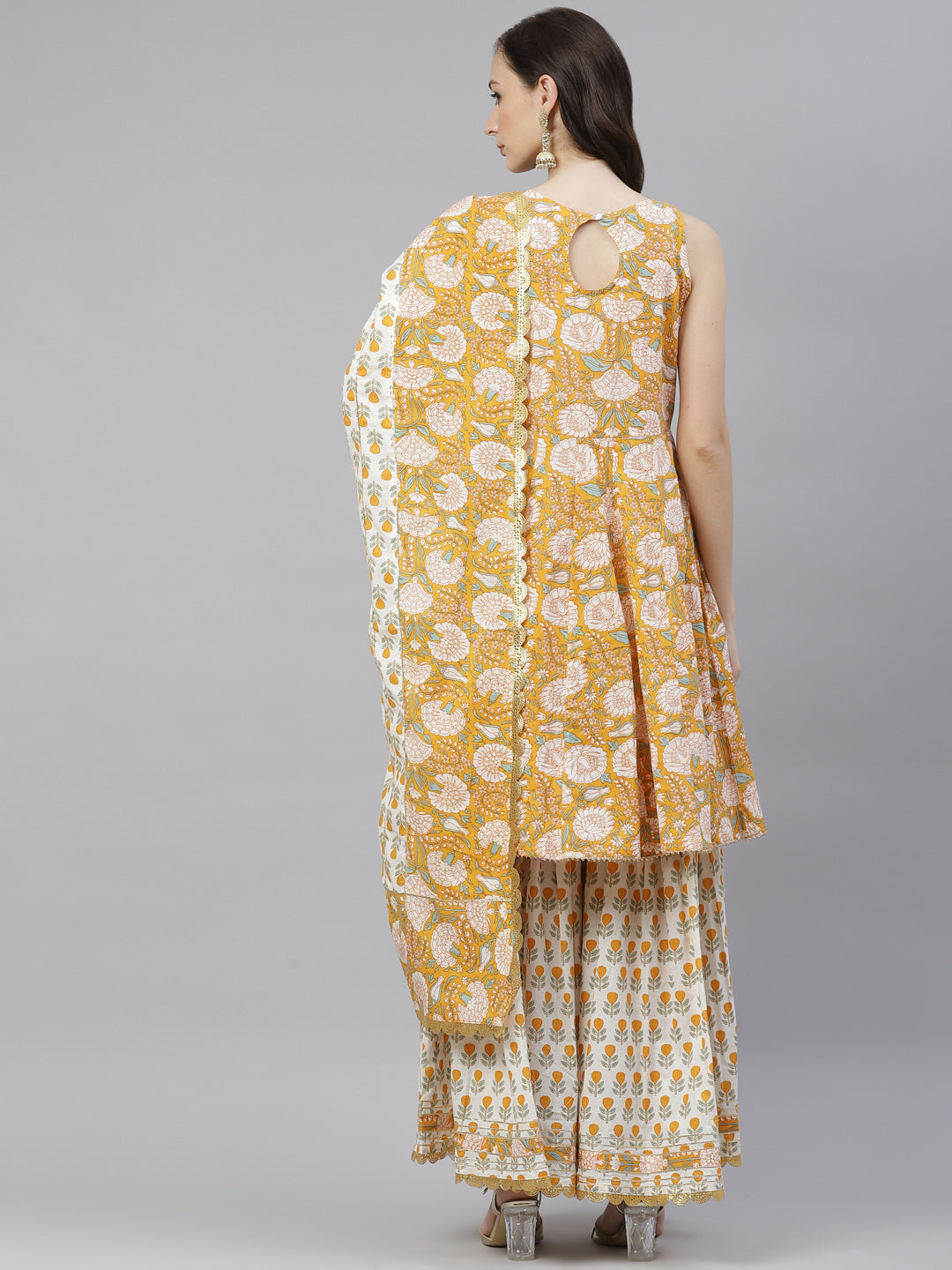 Women's Yellow Cotton Anarkali Kurta Sharara Set With Dupatta - Wahenoor