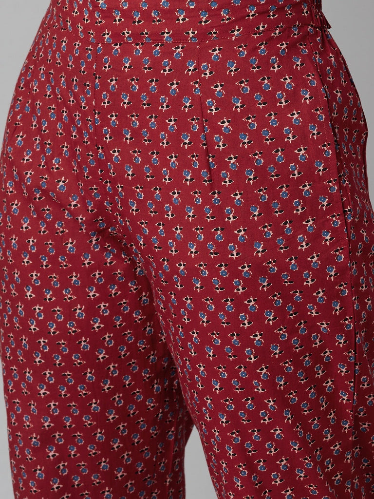 Women's Red Floral Anarkali Cotton Kurta Pant Set With Dupatt