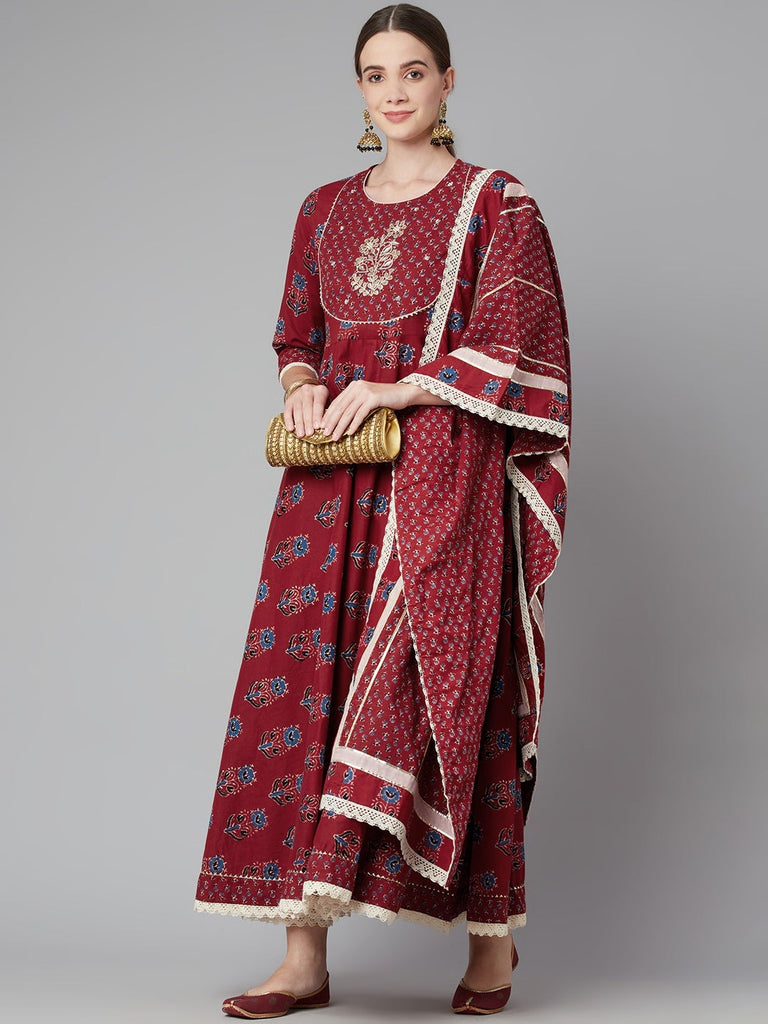 Women's Red Floral Anarkali Cotton Kurta Pant Set With Dupatt