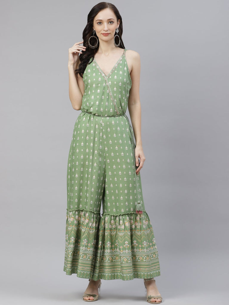 Women's Green Angrakha Shoulder Strips Jumpsui