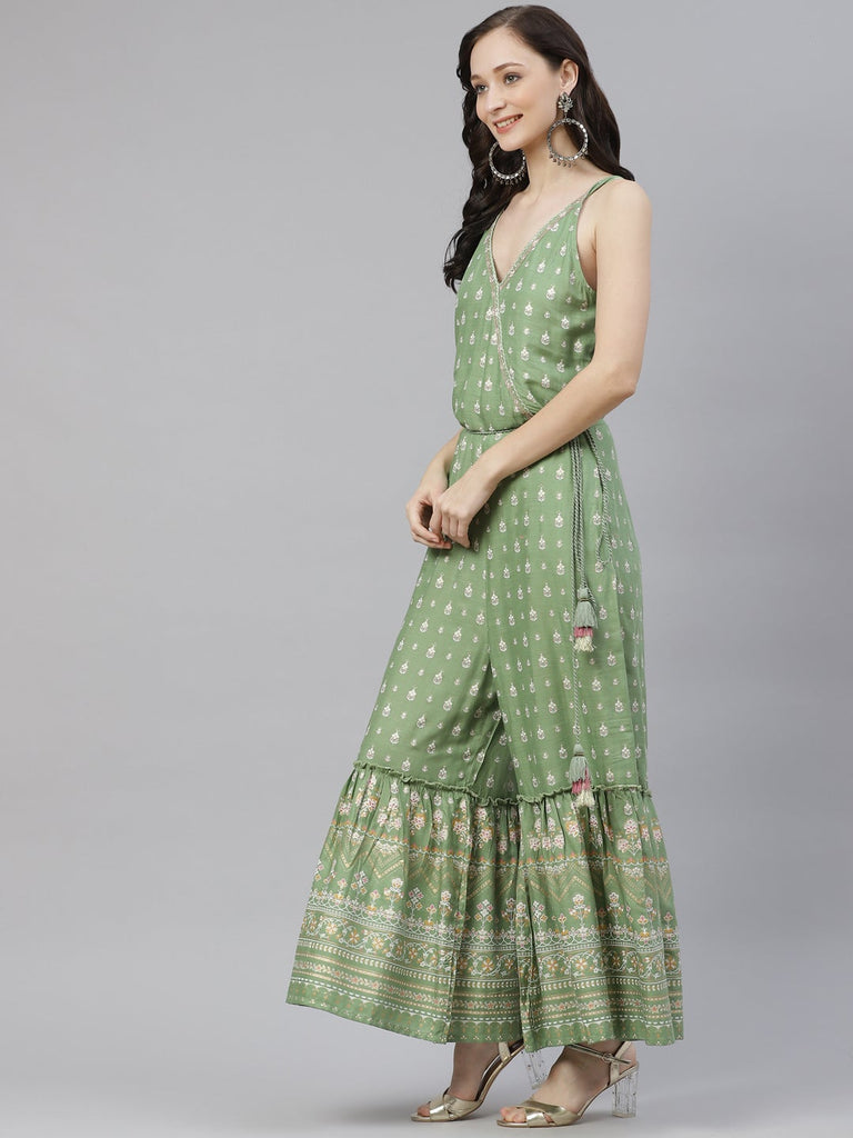 Women's Green Angrakha Shoulder Strips Jumpsui
