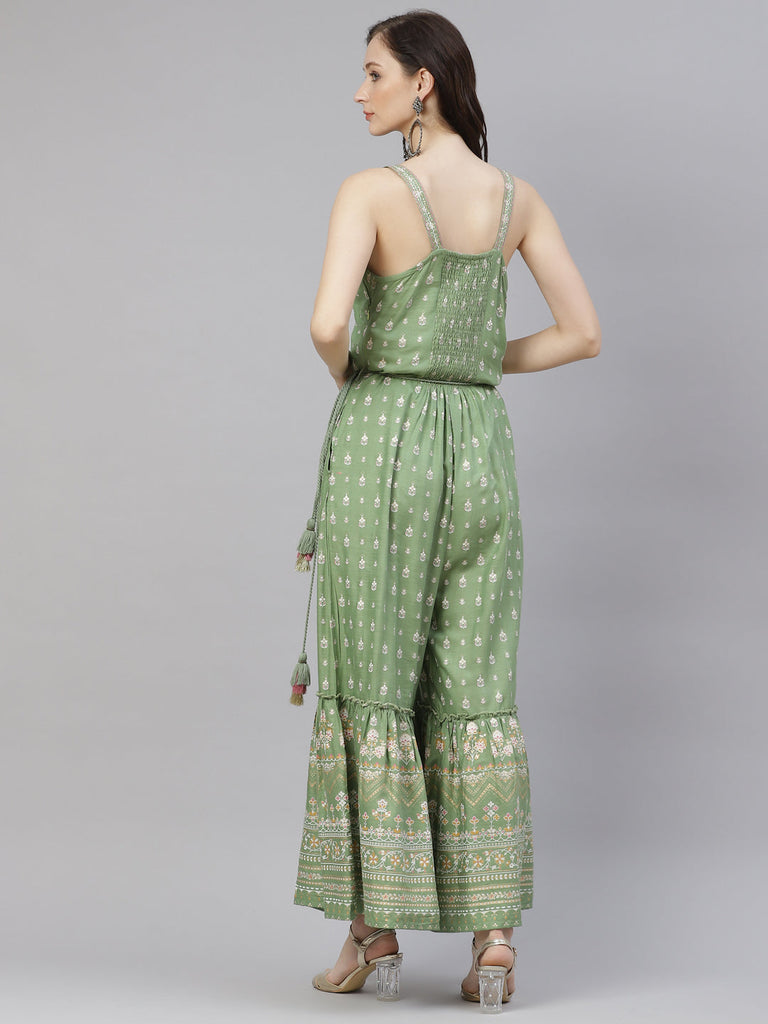 Women's Green Angrakha Shoulder Strips Jumpsui