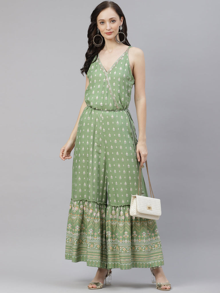 Women's Green Angrakha Shoulder Strips Jumpsui