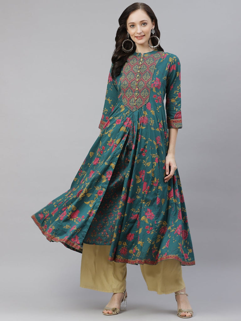 Women's Block Print Cotton Flaired  Anarkali Kurt