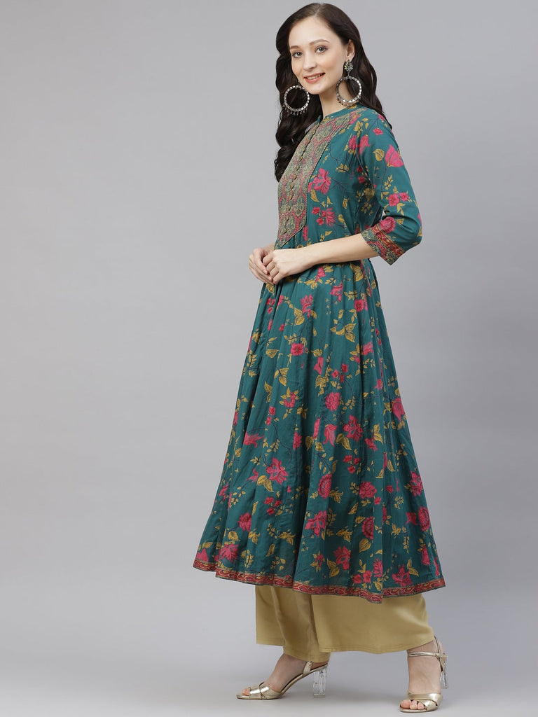 Women's Block Print Cotton Flaired  Anarkali Kurt
