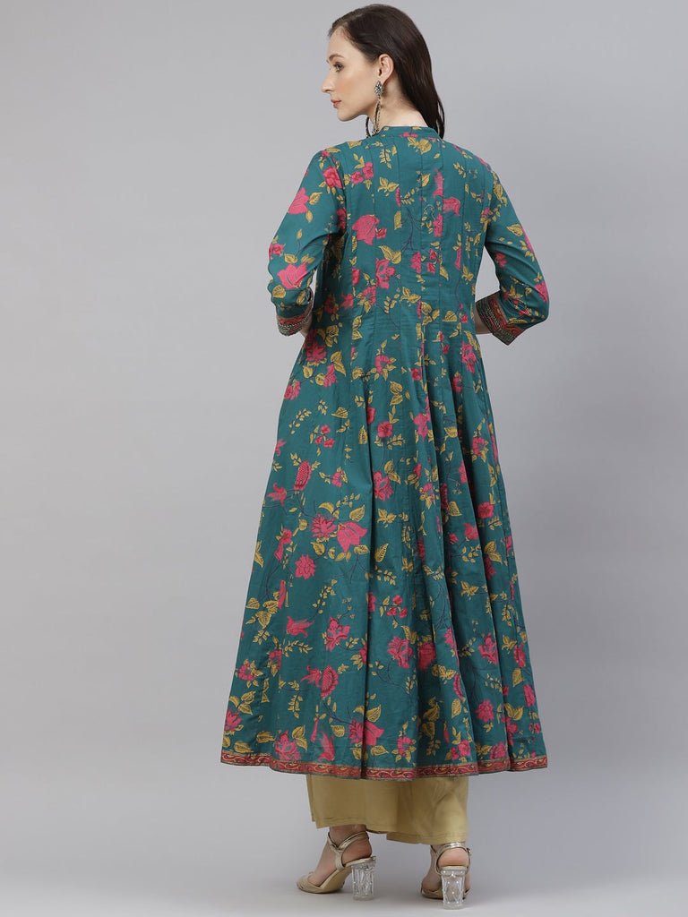 Women's Block Print Cotton Flaired  Anarkali Kurt