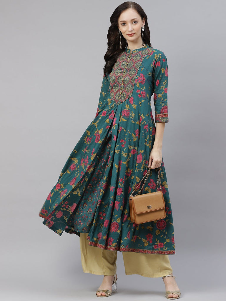 Women's Block Print Cotton Flaired  Anarkali Kurt
