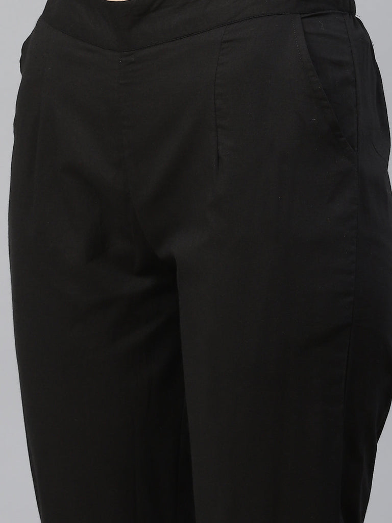 Women's Black Cotton Anarkali Kurta Pant Set With Dupatt