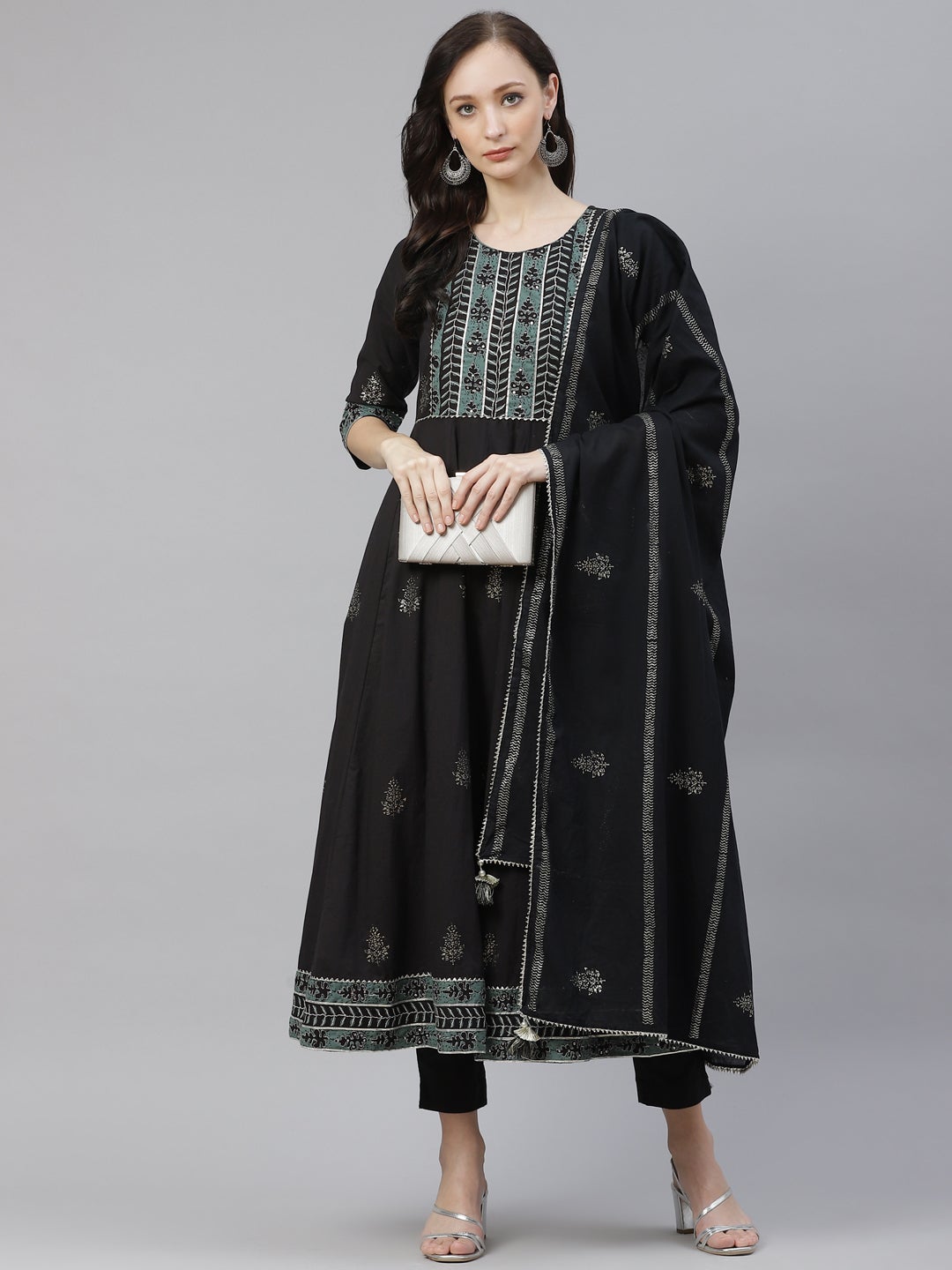 Women's Black Cotton Anarkali Kurta Pant Set With Dupatta - Wahenoor
