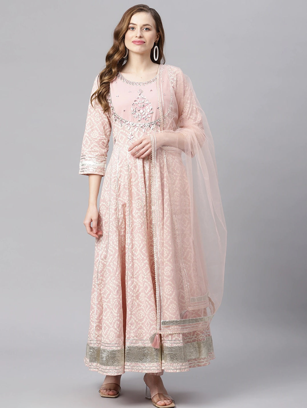 Women's Light Pink Cotton Anarkali Gown Pant Set With Net Dupatta - Noz2Toz