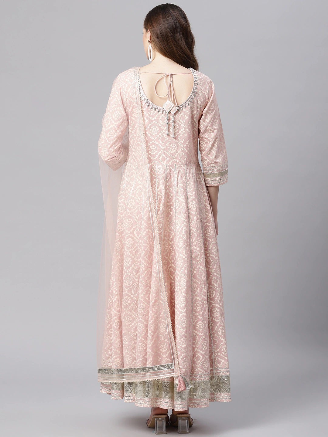 Women's Light Pink Cotton Anarkali Gown Pant Set With Net Dupatta - Wahenoor