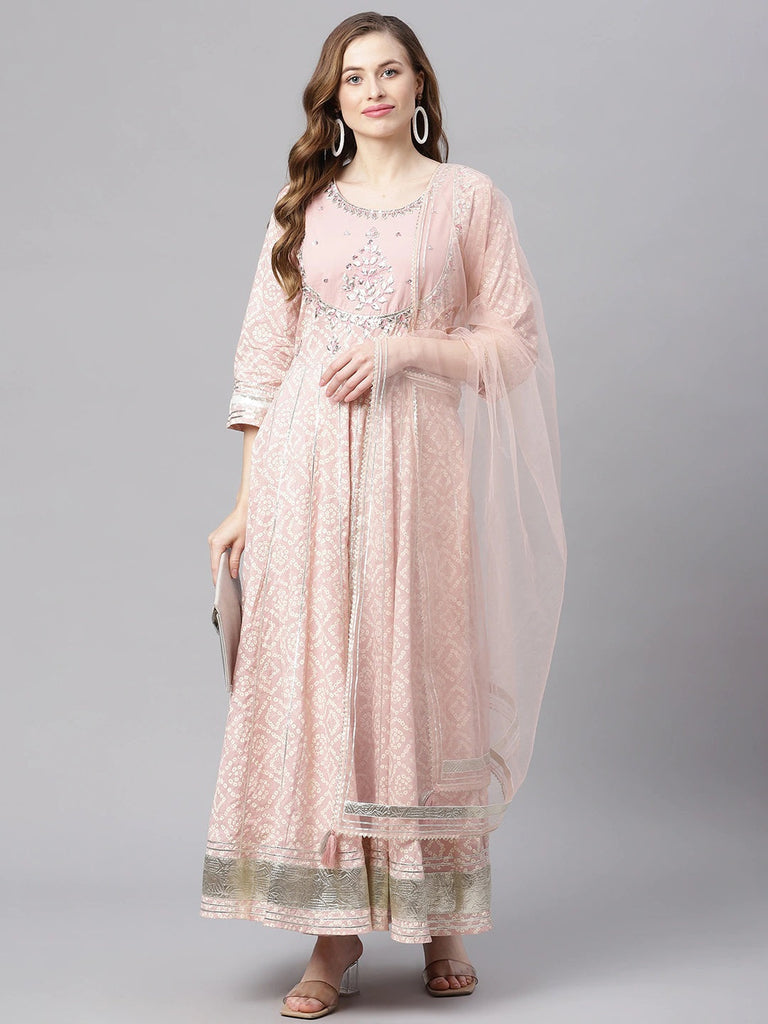 Women's Light Pink Cotton Anarkali Gown Pant Set With Net Dupatt