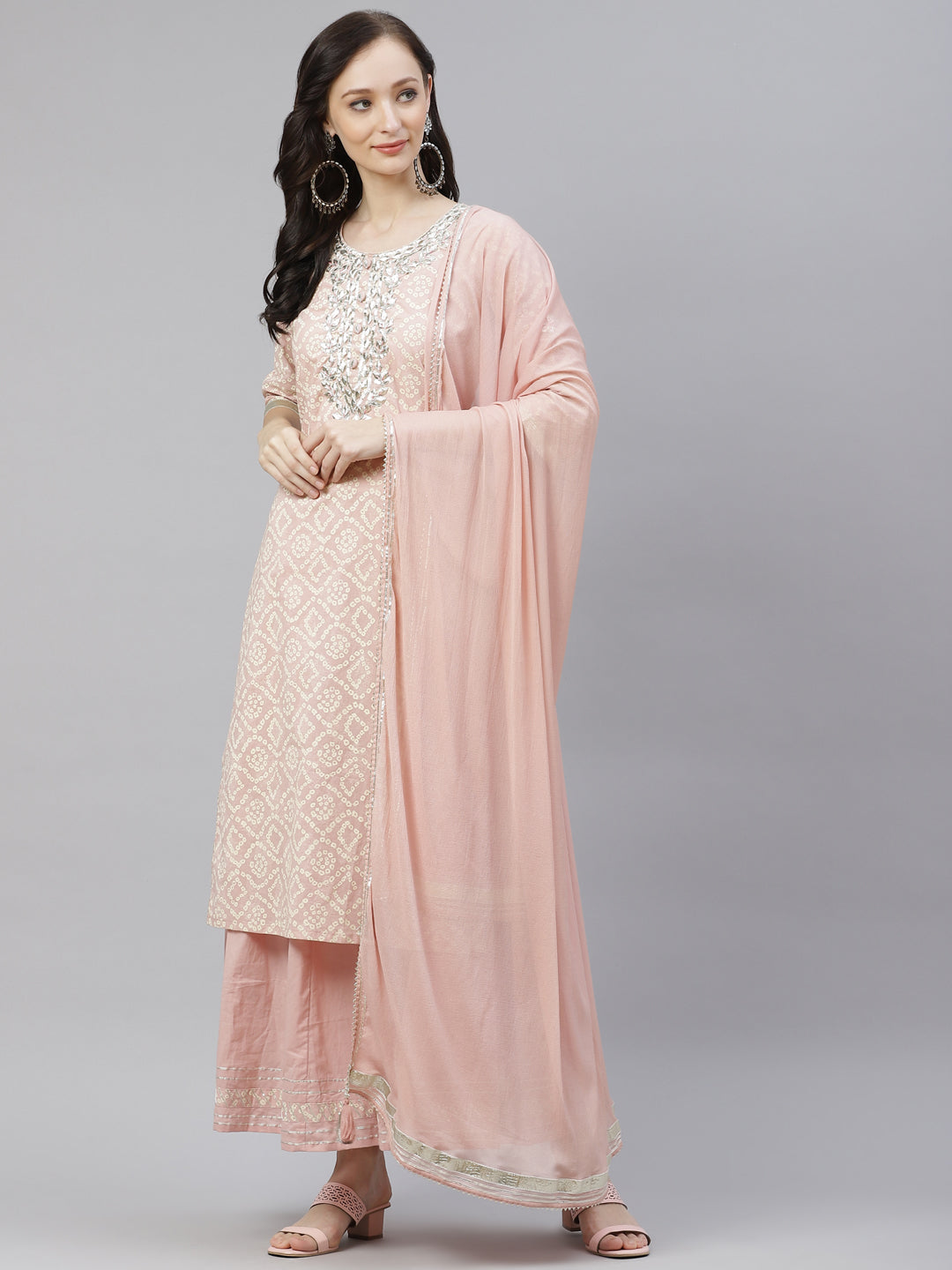 Women's Light Pink Cotton Straight Kurta Palazzo Set With Dupatt