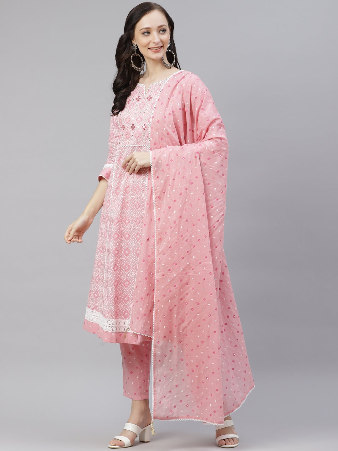 Women's Pink Cotton A-Line  Kurta Pant Set With Dupatt