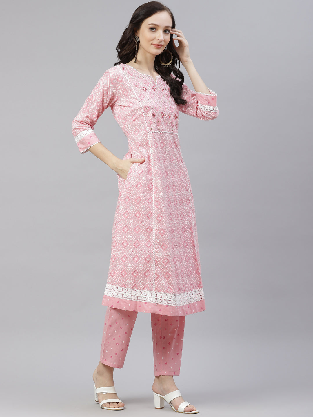 Women's Pink Cotton A-Line Kurta Pant Set With Dupatta - Noz2Toz
