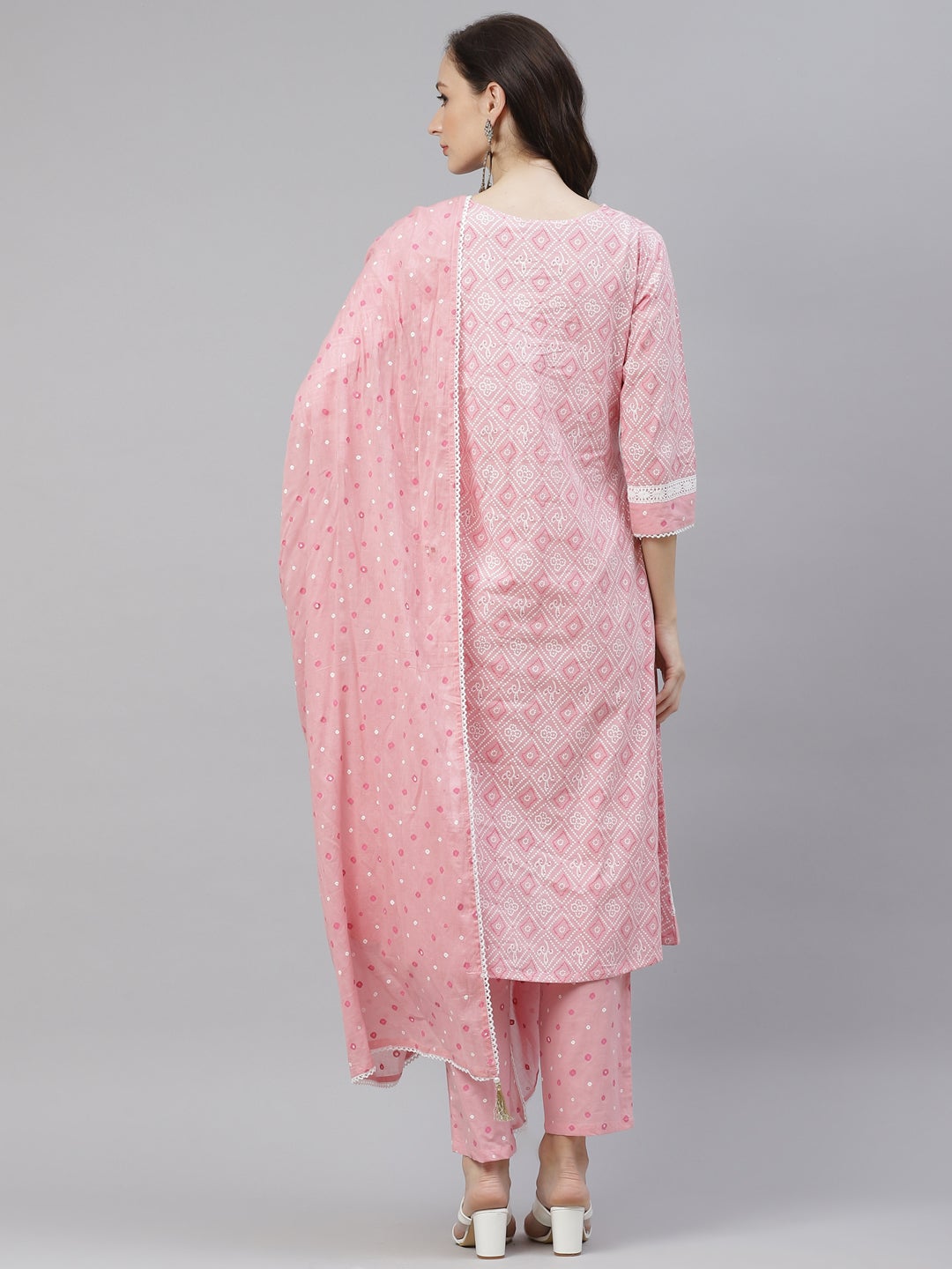 Women's Pink Cotton A-Line  Kurta Pant Set With Dupatta - Wahenoor