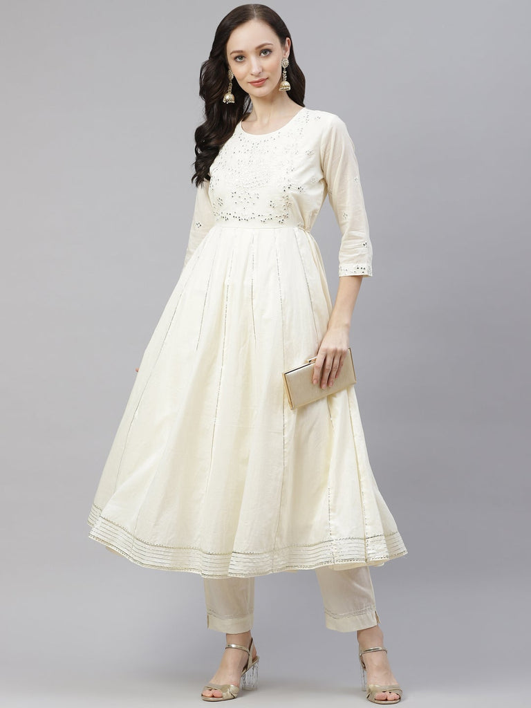Women's Off White Cotton Anarkali Kurta Pant Se
