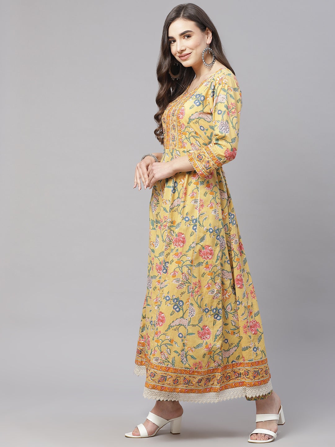 Women's Yellow Floral Anarkali Pant Set With Dupatta - Noz2Toz