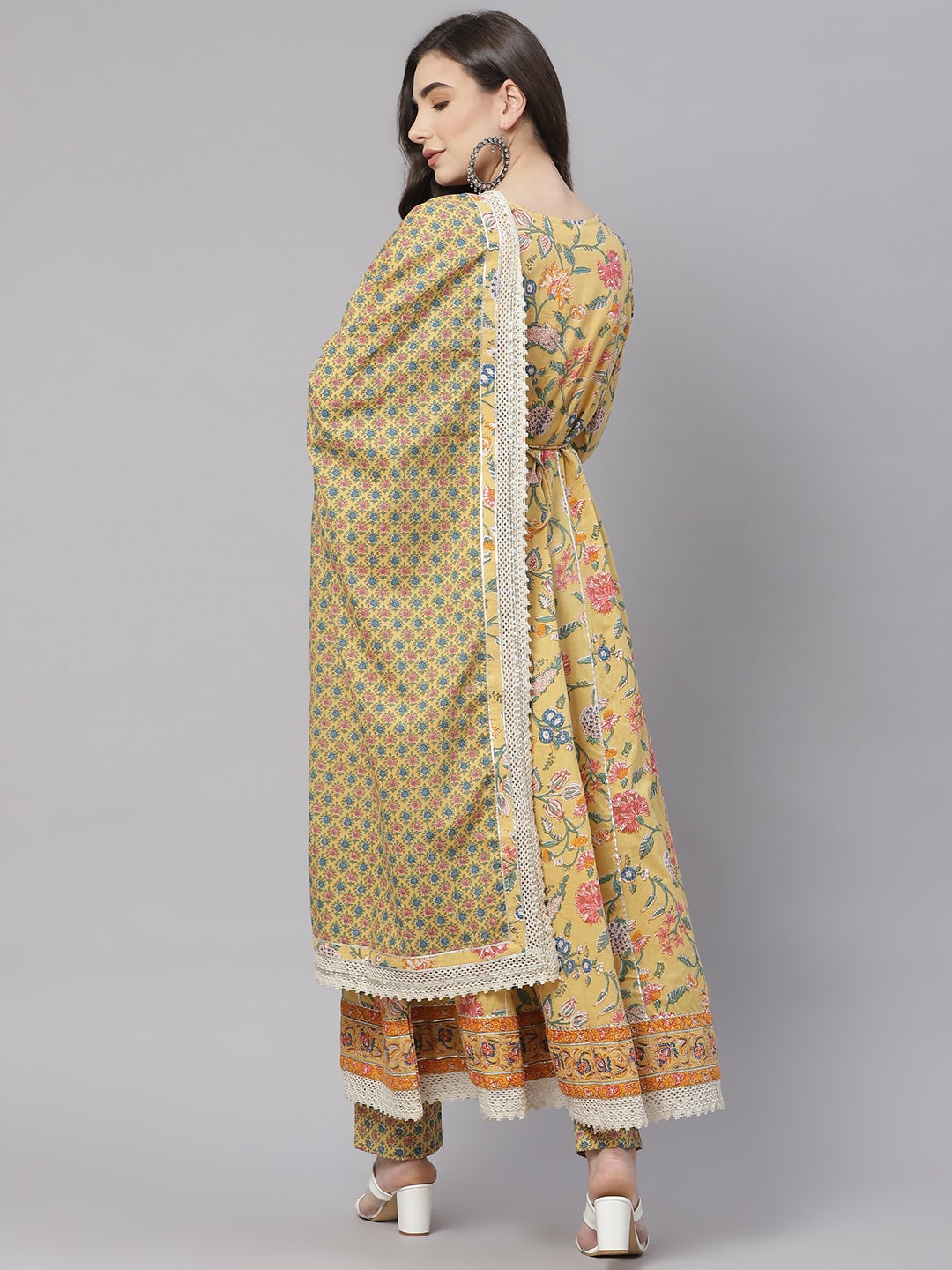 Women's Yellow Floral Anarkali Pant Set With Dupatta - Wahenoor