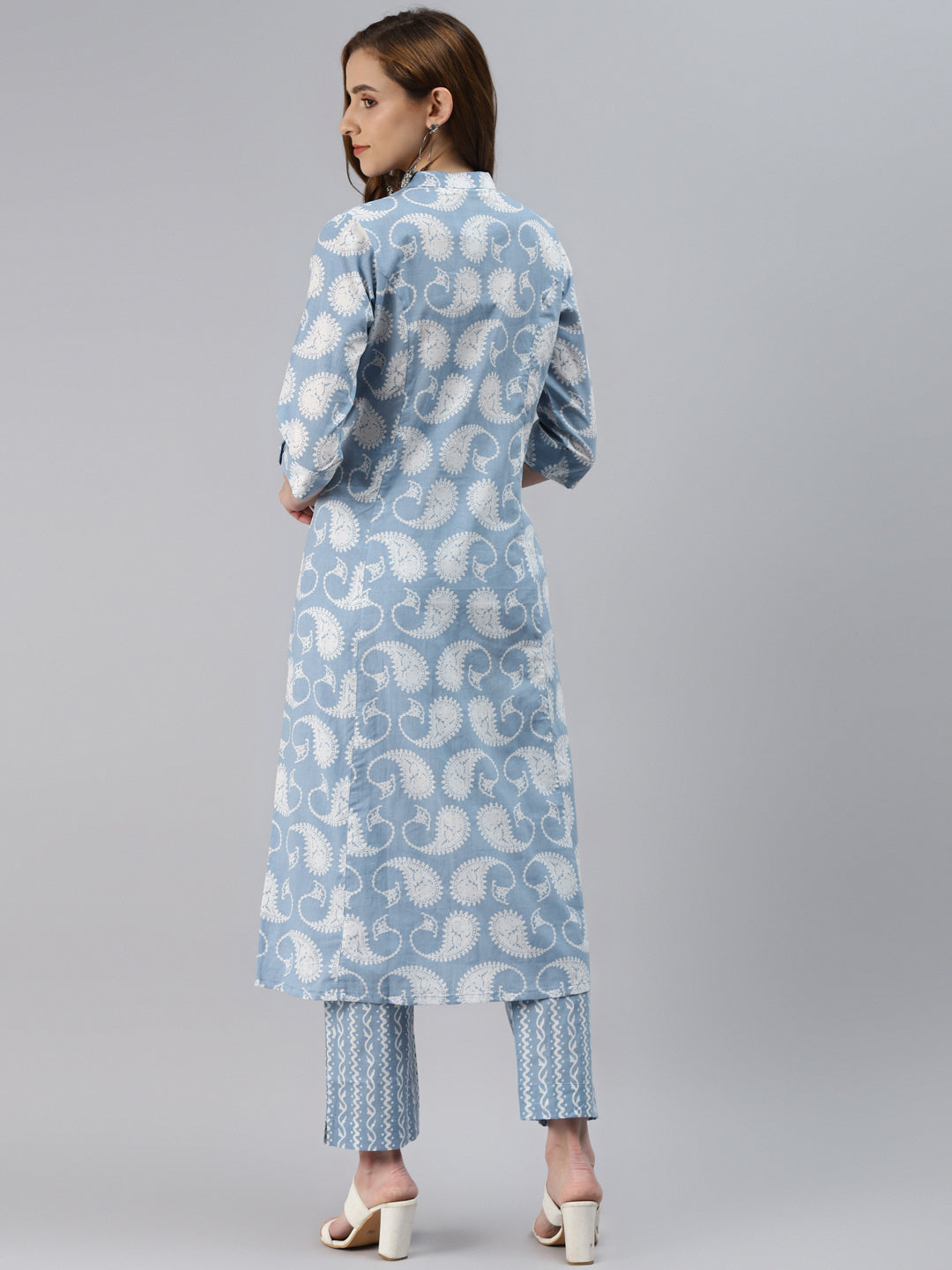 Women's Skyblue Block Print Cotton A-Line Kurta With Pant Set - Noz2Toz