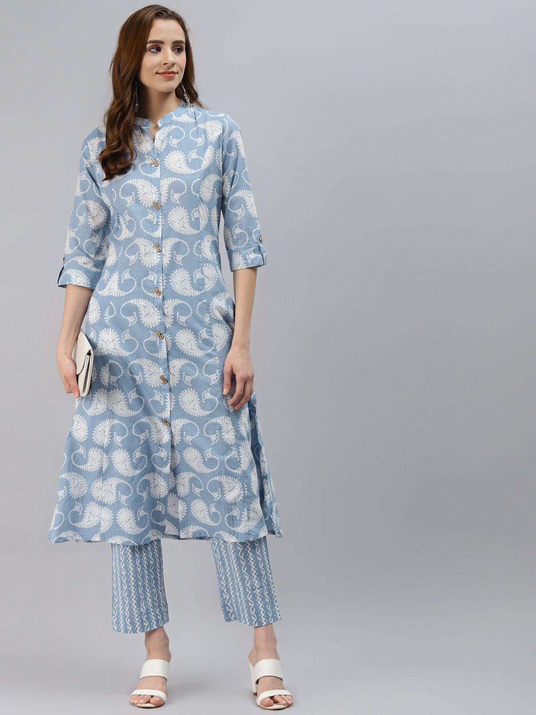 Women's Skyblue Block Print Cotton A-Line Kurta With Pant Set - Wahenoor