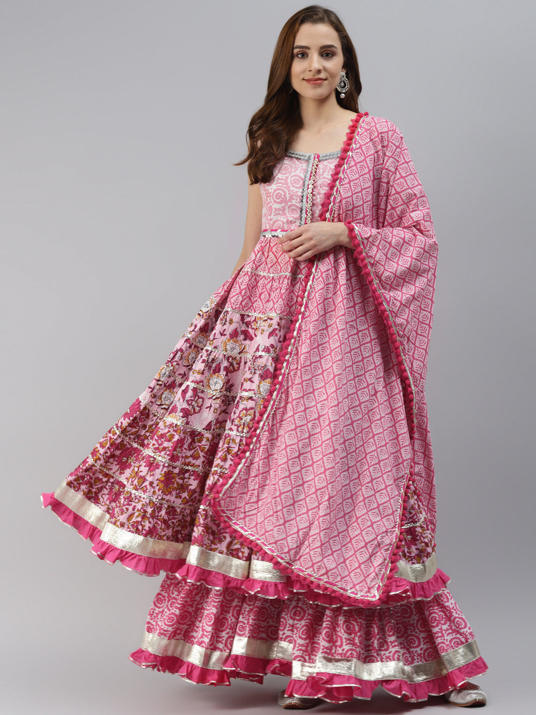 Women's Pink Cotton Sleeves Less Anarkali Sharara Set With Dupatta - Wahenoor