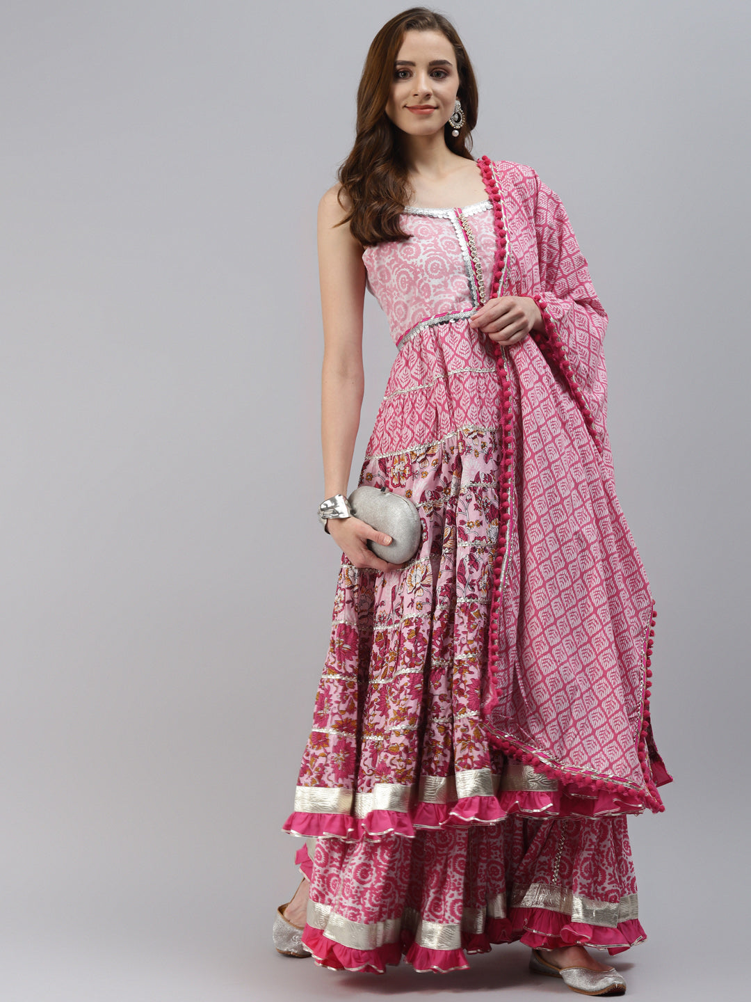 Women's Pink Cotton Sleeves Less Anarkali Sharara Set With Dupatta - Noz2Toz