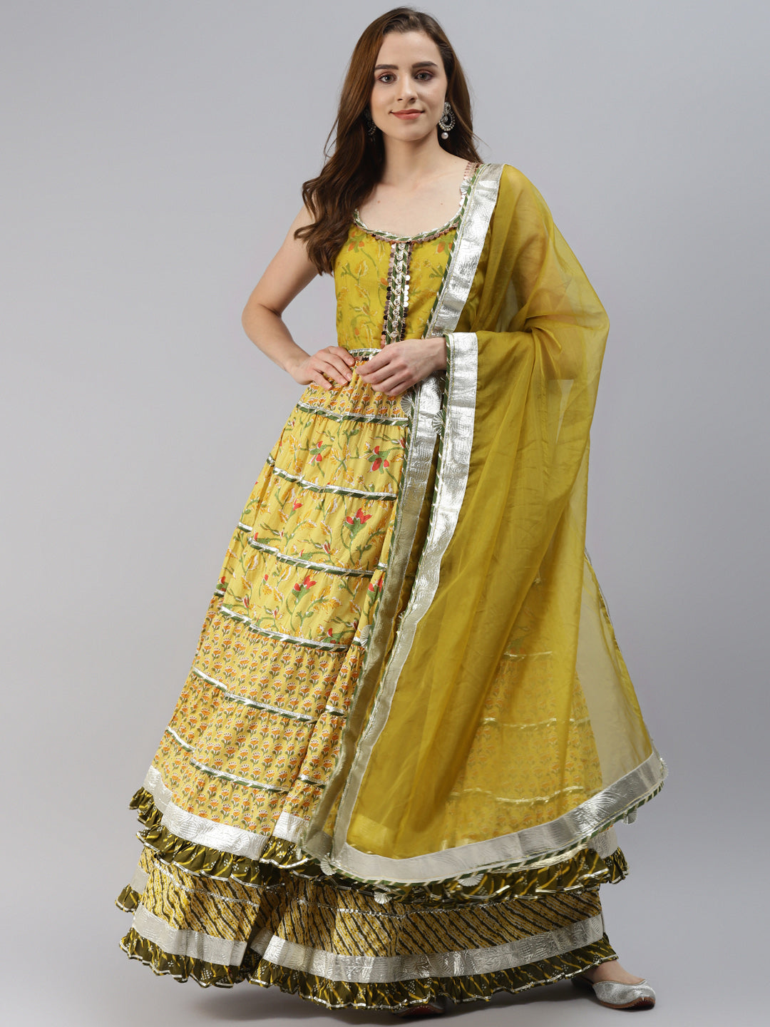 Women's Yellow Cotton Sleeves Less Anarkali Skirt Set With Dupatt