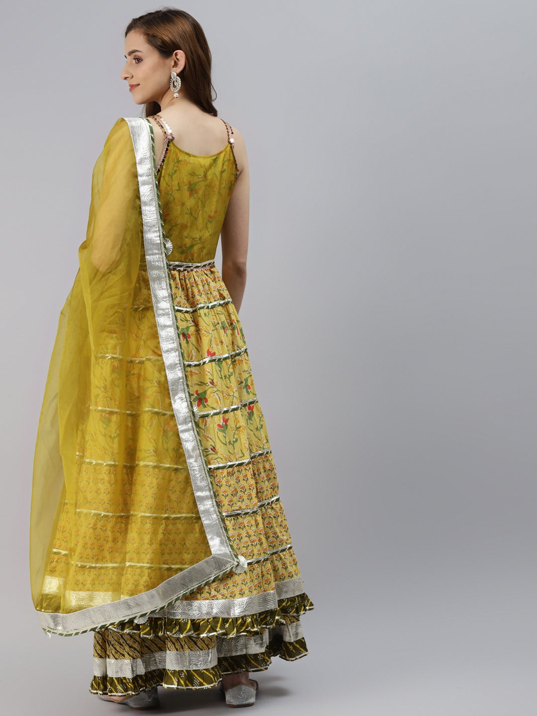 Women's Yellow Cotton Sleeves Less Anarkali Skirt Set With Dupatt