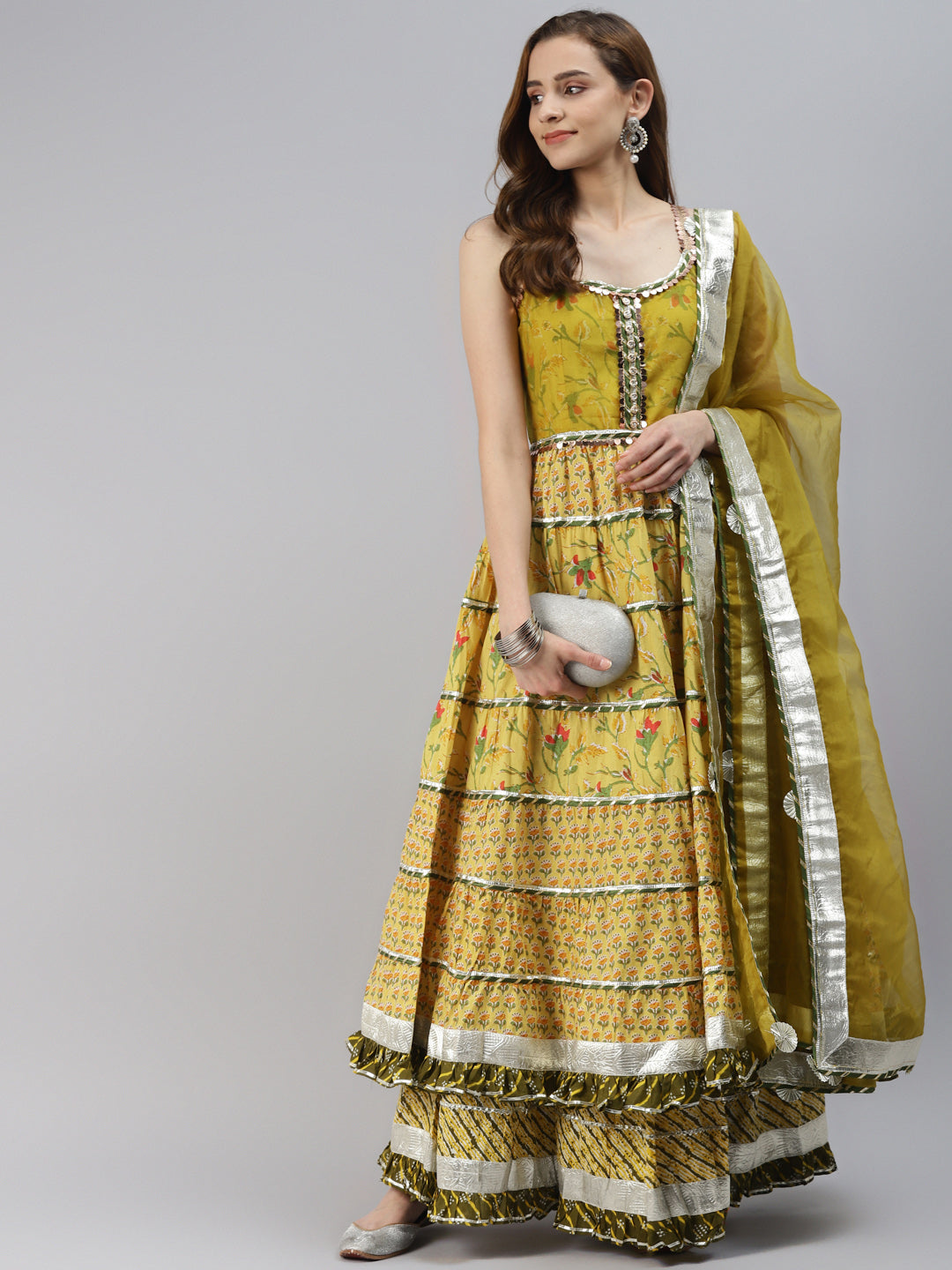 Women's Yellow Cotton Sleeves Less Anarkali Skirt Set With Dupatta - Noz2Toz