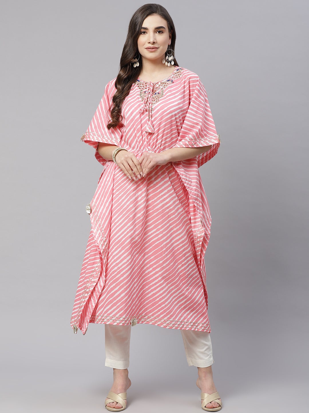 Women's Baby Pink Cotton Laheriya Kaftan - Wahenoor