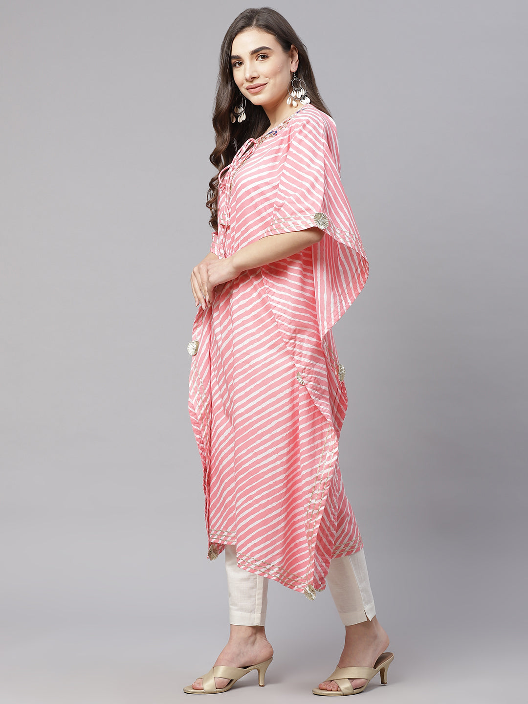 Women's Baby Pink Cotton Laheriya Kaftan - Wahenoor