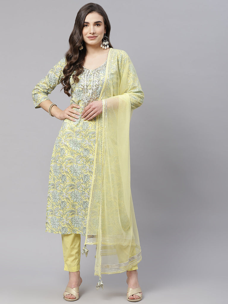 Women's Yellow Cotton Straight Kurta Pant Set With Dupatta