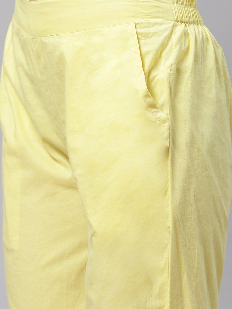Women's Yellow Cotton Straight Kurta Pant Set With Dupatta